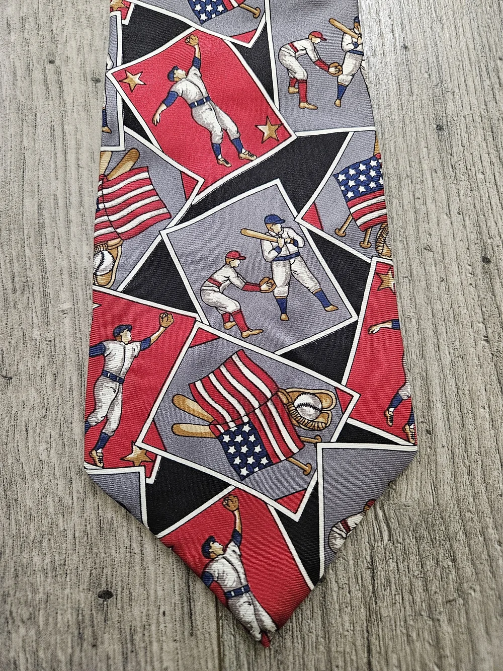 Patriotic 100% Italian Silk Baseball Print Men's Tie in Red & Gray Made In USA